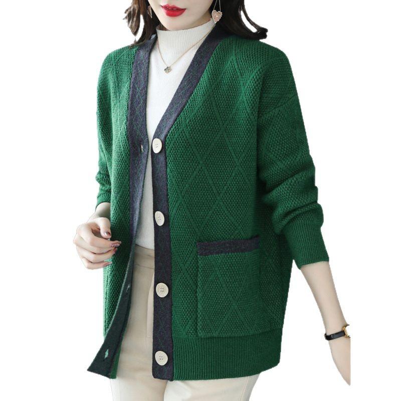 Вязаный кардиган Женский свитер-жакет Весна и осень Свободный свитер с V-образным вырезом Топ