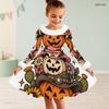 Girls High Neck Long Sleeve Halloween Hedgehog Printed Fluffy Trim Tie Waist A Line Flared Dress