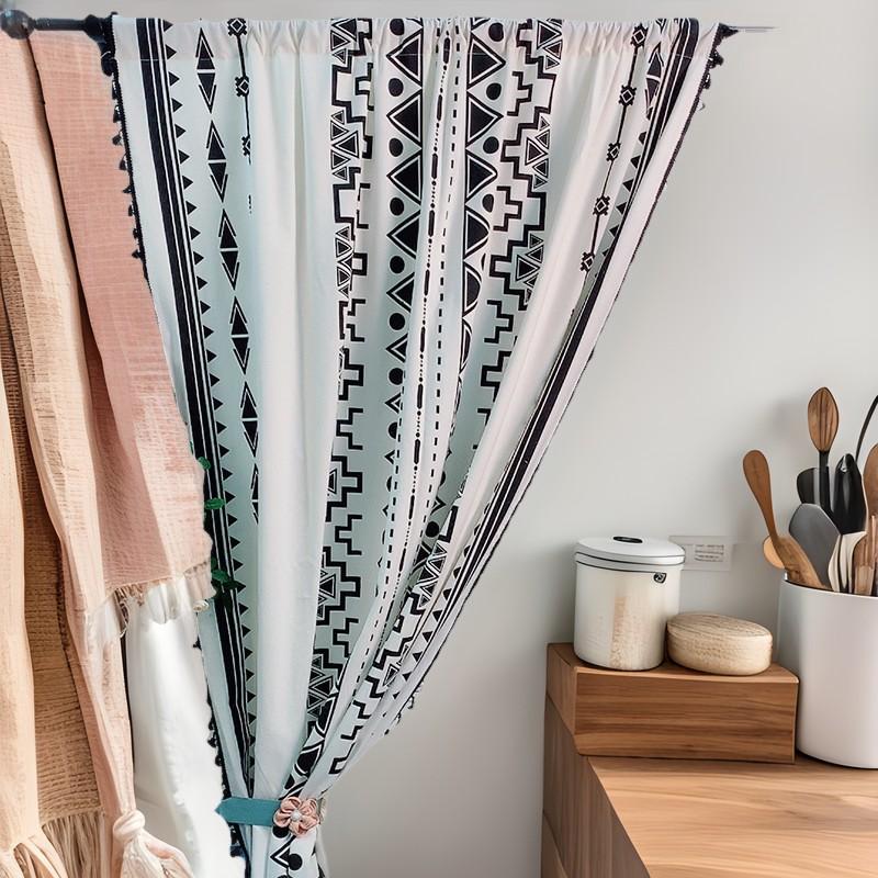 Bohemian Style Linen Cotton Kitchen Curtain Black Tassel Printed Window Home Decor