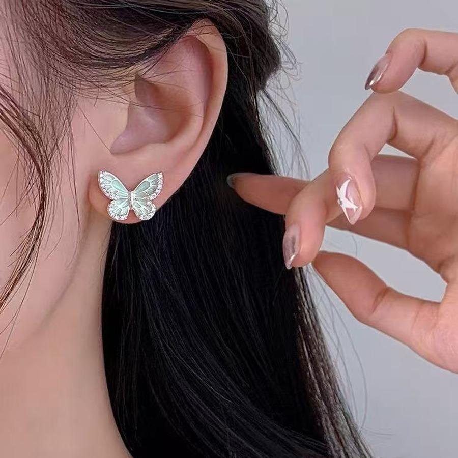 925 Silver Needle Zircon Mint Green Butterfly Stud Earrings For Women Party Classic Fine Jewelry Light Insect Accessories
