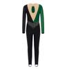 Girls Mesh Long Sleeves Keyhole Back Shiny Rhinestones Color Block Dance Jumpsuit Gymnastics Performance Costume