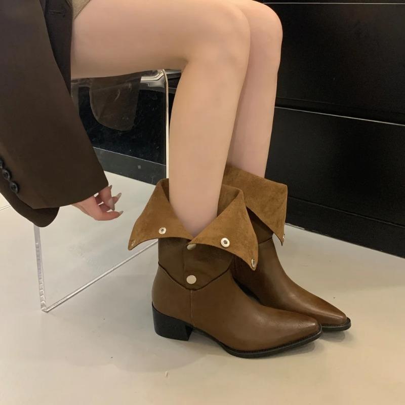 Fashion Ladies Winter Boots Retro Button Two Wear Chunky Heel Comfortable Western Mid Heel Short Boots Women