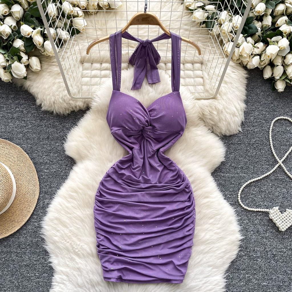 Летние женские сексуальные бретельки через шею с открытой спиной, блестящие, облегающие, мини-короткие, клубные платья для вечеринок