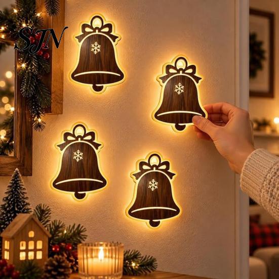 Rustic Christmas Wall Decor 7Pcs 3D Light-Up Wooden Reindeer with Warm LED Backlight, Peel And Holiday Hanging Signs Stick Art for Living Room Bedroom