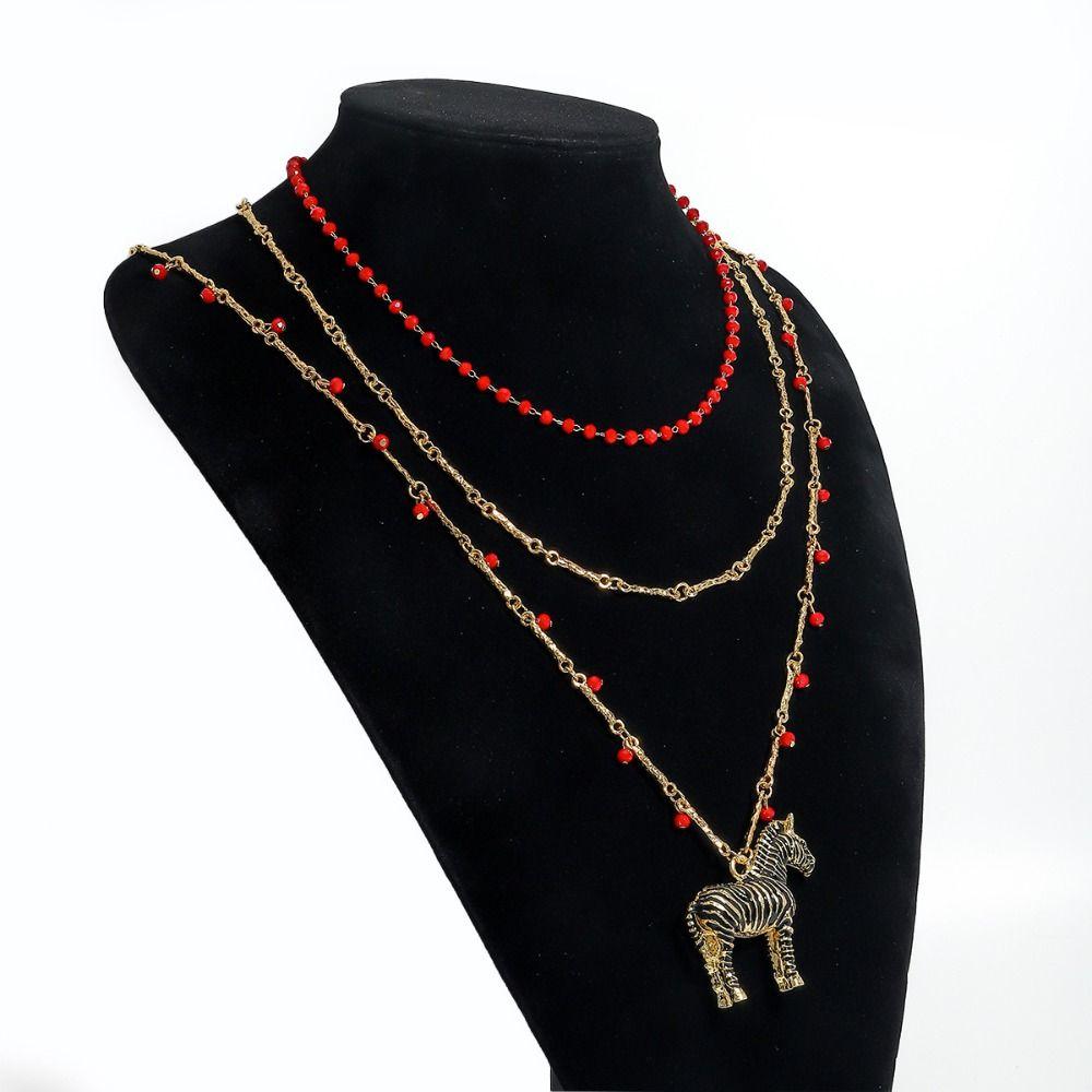Pony Vintage Enamel Necklace Double-layer Beaded Chain Choker Bohemian Collarbone Chain  Women