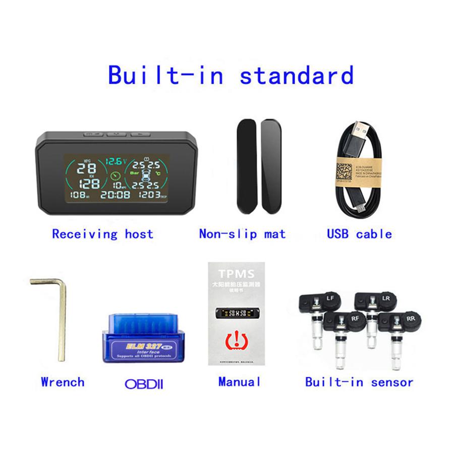 Wireless Car TPMS OBD2 HUD Solar USB Tire Pressure Monitoring 4 Internal Sensors speed/MPG