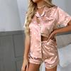 Women's Heart-shaped Print Satin Pajama Soft Comfortable Short Sleeve Buttons Lapel Tops Shorts Sleepwear Loungewear