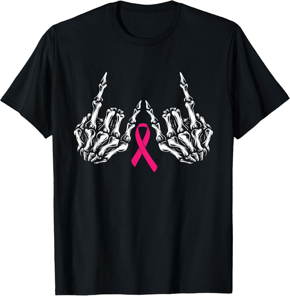 BEST! Skeleton Rock Hand Breast Cancer Awareness Cool Pink Ribbon Tee Size S-3XL