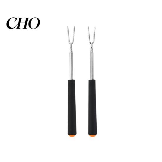 Extendable BBQ Fork 2Pcs Retractable with V-Shaped Prongs Non-Slip Handle Stainless Steel Picnic Grilling Tool Portable Outdoor Cooking for