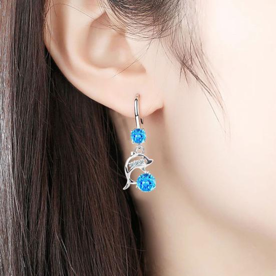 1 Pair Korean Style Hook Earrings Dolphin Design Shiny Rhinestones Drop Earrings Women Mid-length Earrings