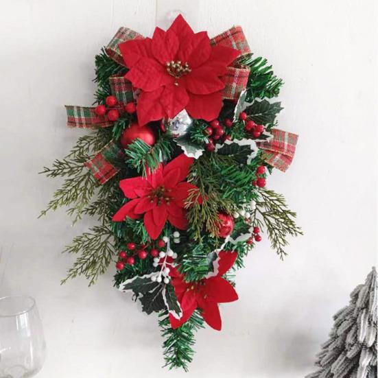 Рождественский венок с красным цветком, клетчатый шар с бантом, многоразовый праздник, внутреннее наружное окно, передняя дверь, подвесная искусственная гирлянда, лестница