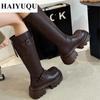 Platform Flats Women Chelsea Knee High Boots Leather Shoes  Winter Luxury Brand Motorcycle Snow Boots Fashion Botas Mujer