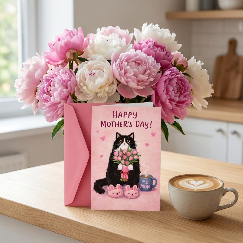 Blessing Message Mother's Day Greeting Card Cats Holding Pink Tulips Whimsical Card  Birthday Party