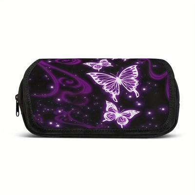 Packing Organizers 1pc Double Layer Flip Pencil Case - Purple Flame Butterfly Dance, Large Capacity, Portable Polyester Pen Storage Bag with Zipper Cl