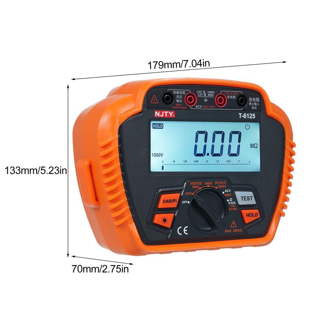 NJTY Insulation Resistance Tester 2500V Digital Megohmmeter MAX 200G Ohm  Measuring Low Resistance