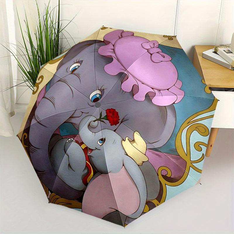 Dumbo, Mother-and-Baby Elephant Automatic Opening and Closing Umbrella - 8 Ribs Portable Folding Umbrella with Plastic Handle, Suitable for