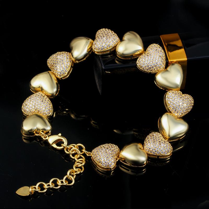 WWJ Роскошные 585 желтого золотого цвета в форме сердца с цирконием, регулируемые браслеты-цепочки