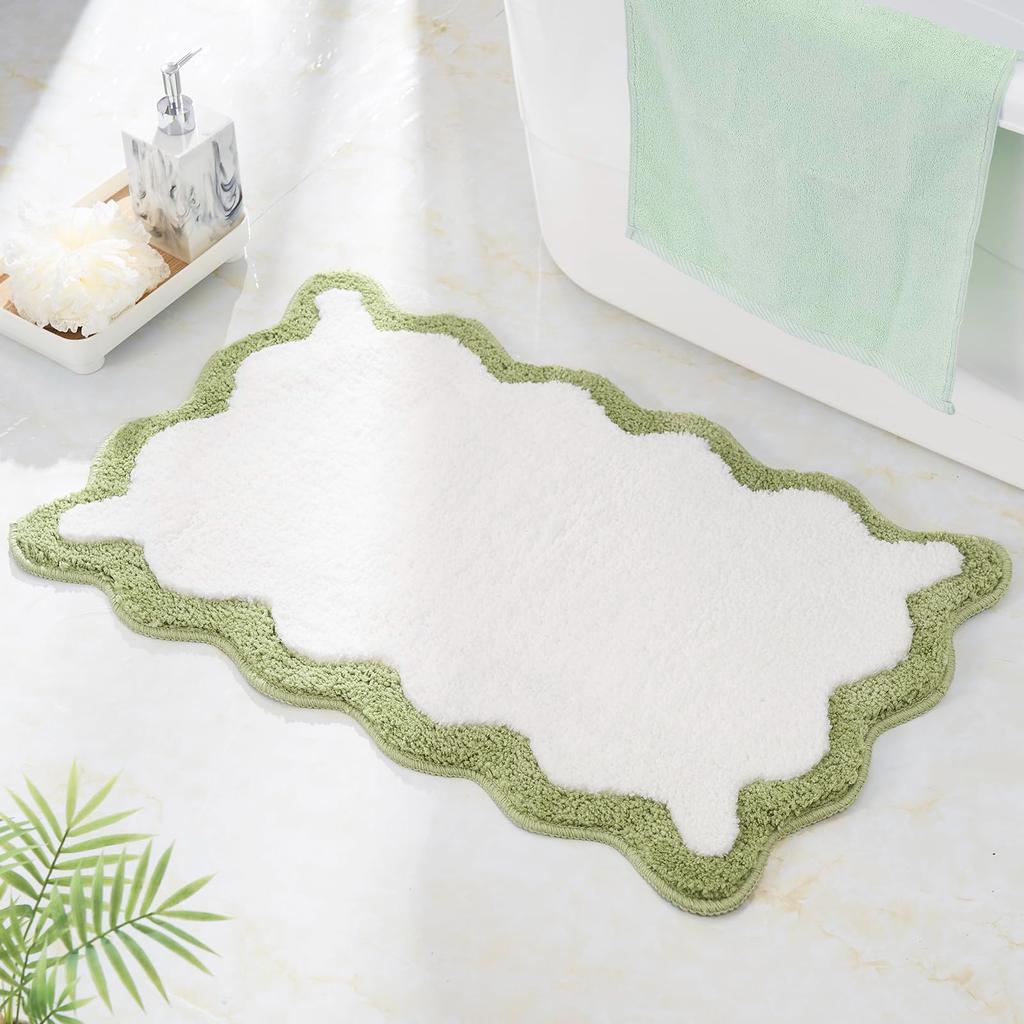 Luxury Cute Bathroom Rugs, White Bath Mat W/Blue Scalloped Edge, Microfiber Aesthetic Trendy Funky Fun Preppy Rug