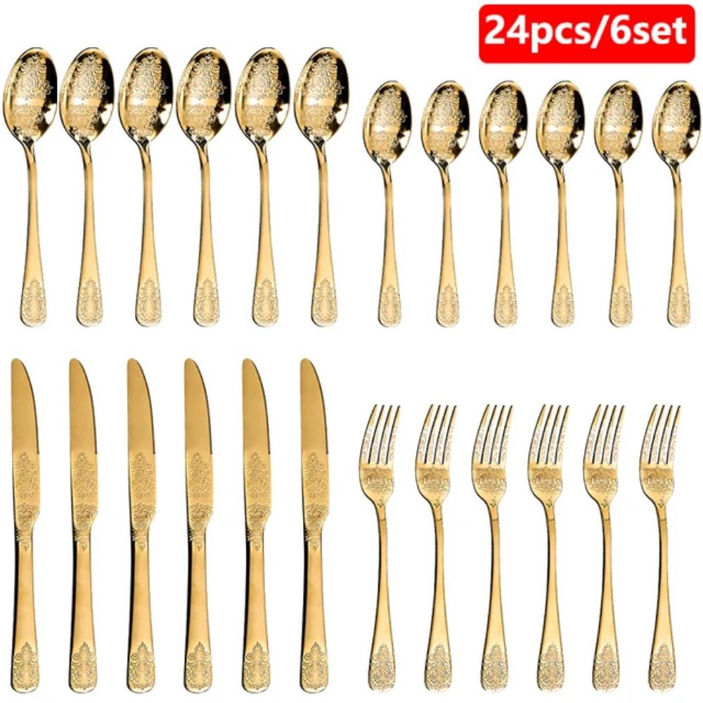 Gold Cutlery Set Vintage Tableware Set Stainless Steel Flatware Knife Fork Spoon Luxury Western Silverware Dinnerware Set