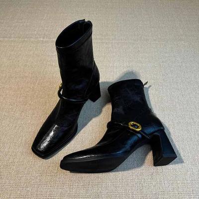 Ботильоны женские на толстом каблуке, эластичные, облегающие, модные, с квадратным носком, осенне-зимние, элегантные, современные