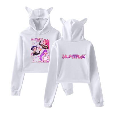 Женский укороченный худи с ушками кошки HUNTR/X Охотники на демонов Панель комикса Аниме-принт Длинный рукав Повседневная укороченная толстовка Свитшот с капюшоном и графическим принтом
