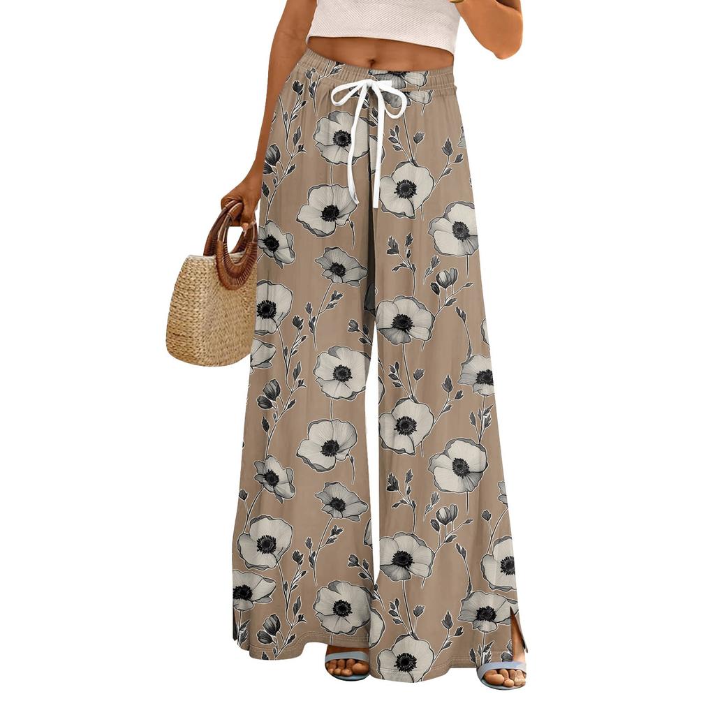 Women's Loose Casual Floral Print Wide Leg Pants With Elastic Waist Drawstring And Pocket Pants