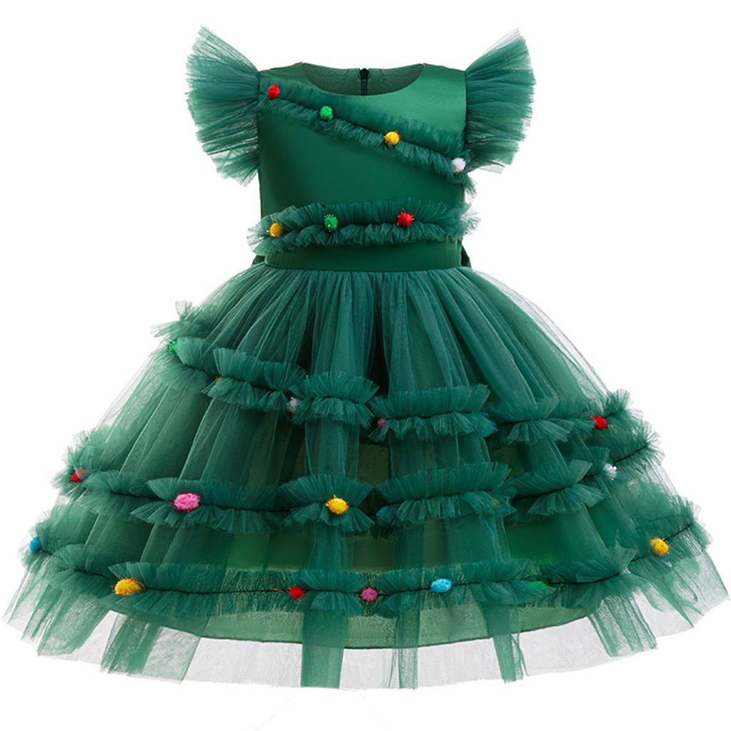 Kids Xmas Party Dress Girls Christmas Tree Tutu with Pompoms Flying Sleeve for Holiday Photo Shoot Celebration