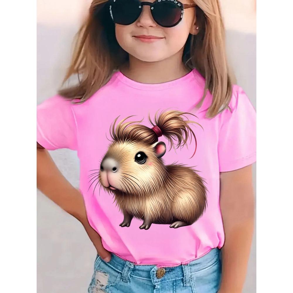 Girls Capybara Print Short Sleeve T-Shirt Cute Capybara Crew Neck Short Sleeve Tee Funny Capybara Hair Clothes Child Girl