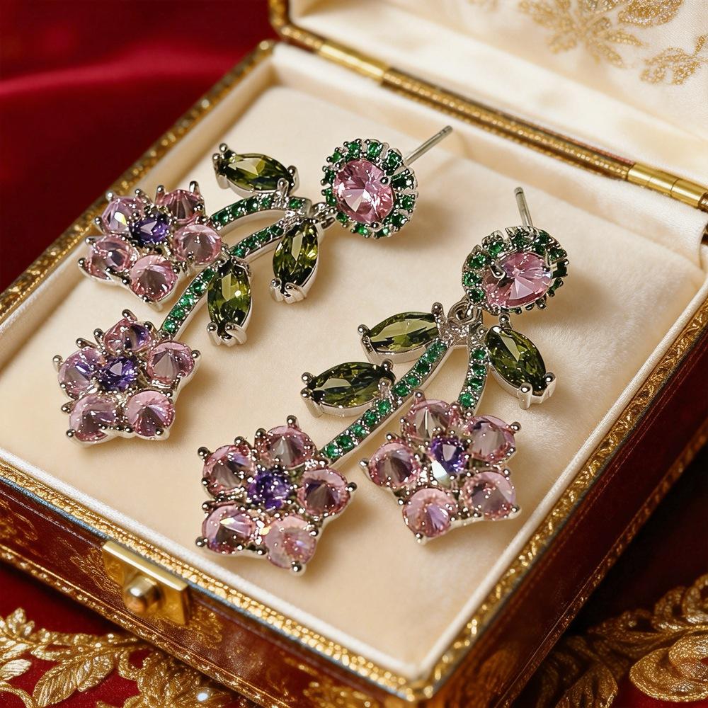 2026 Spring Cherry Blossom Earrings, Micro Pave Zircon Pink Green Crystal Silver Needle Studs