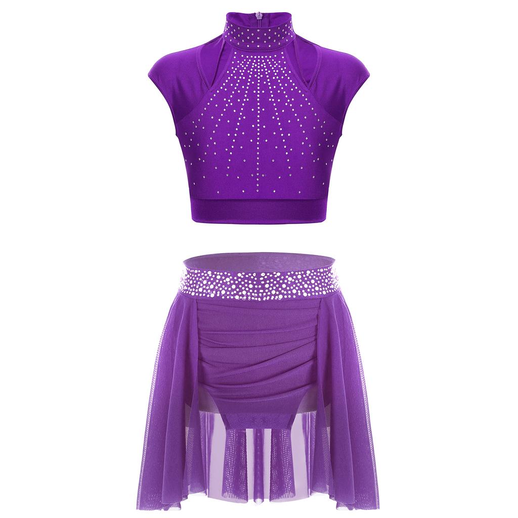 Костюм для фигурного катания для девочек, укороченный топ без рукавов с вырезом, пояс со стразами, юбка асимметричной формы, одежда для танцев