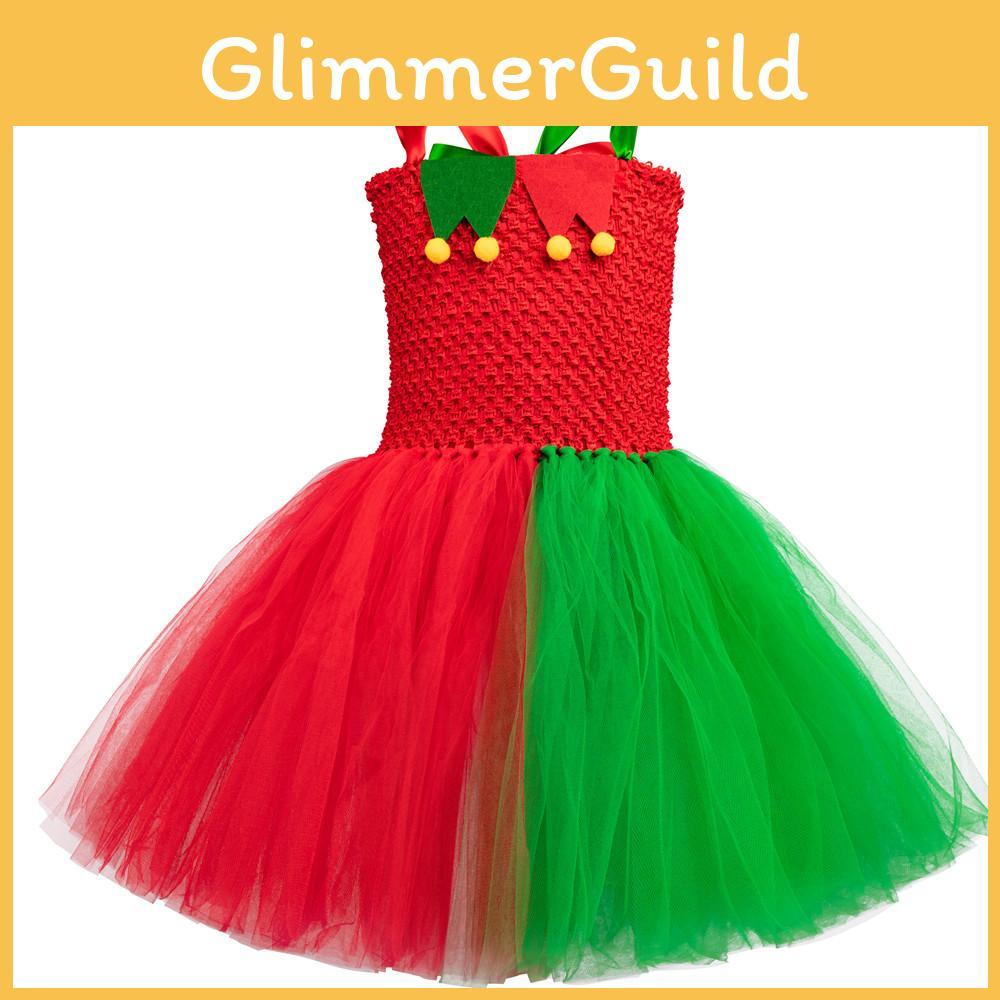Elegant European And American Children's Christmas Elf Costume For Parties And Performances Red And Green Net Tulle Christmas Tree Skirt