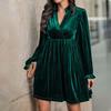 Women's Velvet Long Sleeve Dress Casual Fall Pleated V Neck A Line Flowy Dress Formal Wedding Guest Party Dress