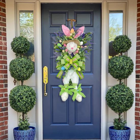 Венок с пасхальным кроликом, весеннее украшение на входную дверь, искусственный цветок, венок с кроликом и бантом для декора стены и окна
