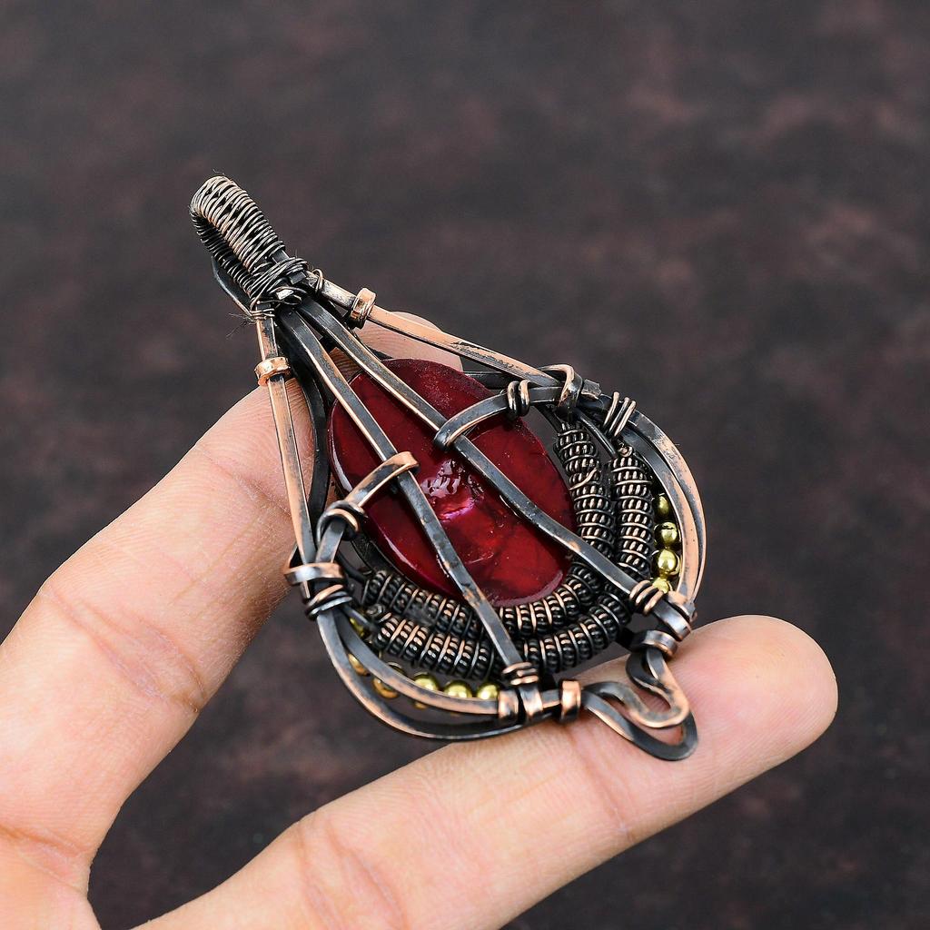 Red Fire Labradorite Gemstone Pendant Copper Wire Wrapped Pendant Designer Copper Jewelry Handmade Ethnic Pendant Wire Wrap Jewelry For Gift