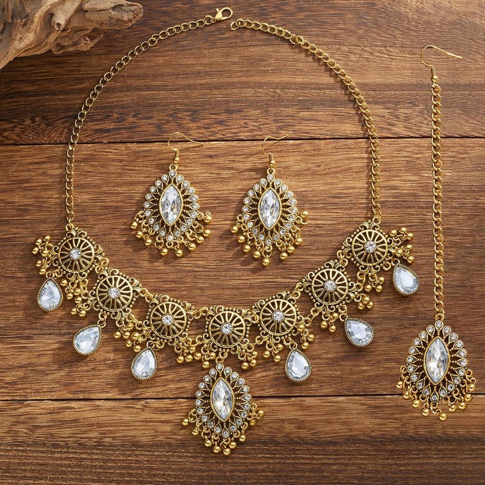 Rhinestone Inlaid Necklace Earrings Set Hollowed Out Forehead Ornament  Bridal