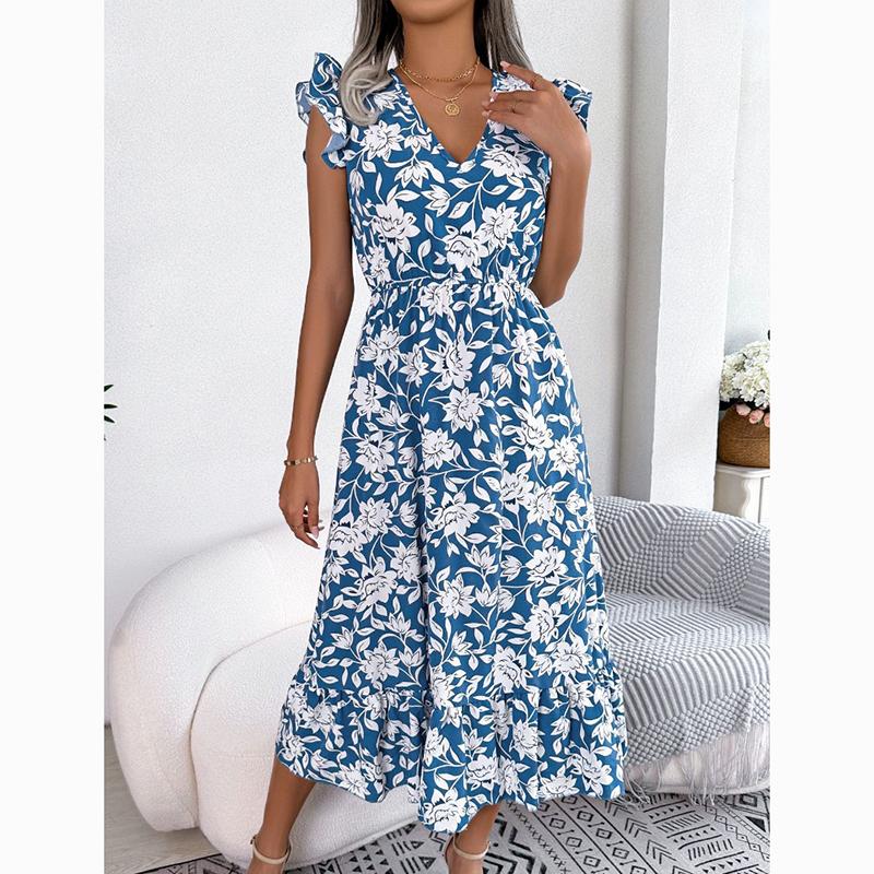 Весенне-летнее длинное платье с цветочным принтом, женское праздничное элегантное платье с высокой талией, женское элегантное платье с v-образным вырезом, тонкие винтажные платья, женская одежда 24329