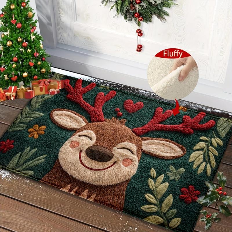 Fluffy Christmas Deer Microfiber Bath Mat - Quick-Dry & Absorbent, Festive Holiday Design with Red Berries & Green Leaves