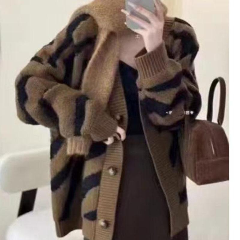 Осенне-зимний женский свитер, кардиган, контрастный цвет, длинный рукав, пуговицы в полоску, свободная одежда, вязаный свитер, куртка