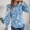 Women Shirt Lapel Lantern Long Sleeve Elastic Cuffs Casual Tops Single Breasted Flower