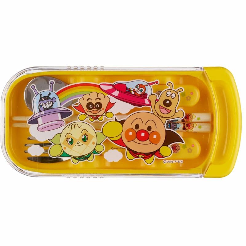 Anpanman Trio Set Chopsticks Spoon Fork Lunch Box Chopsticks Case Chopsticks Slide Type Antibacterial Yellow Set Freezer (Trio Set, Bag)