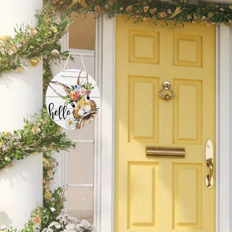 Hello Summer Easter Bunny Rabbit Sign for Front Door Decor, Spring Rustic Farmhouse Wooden Wreath Indoor Wall Hanging Decoration Daisy Flowers Wood
