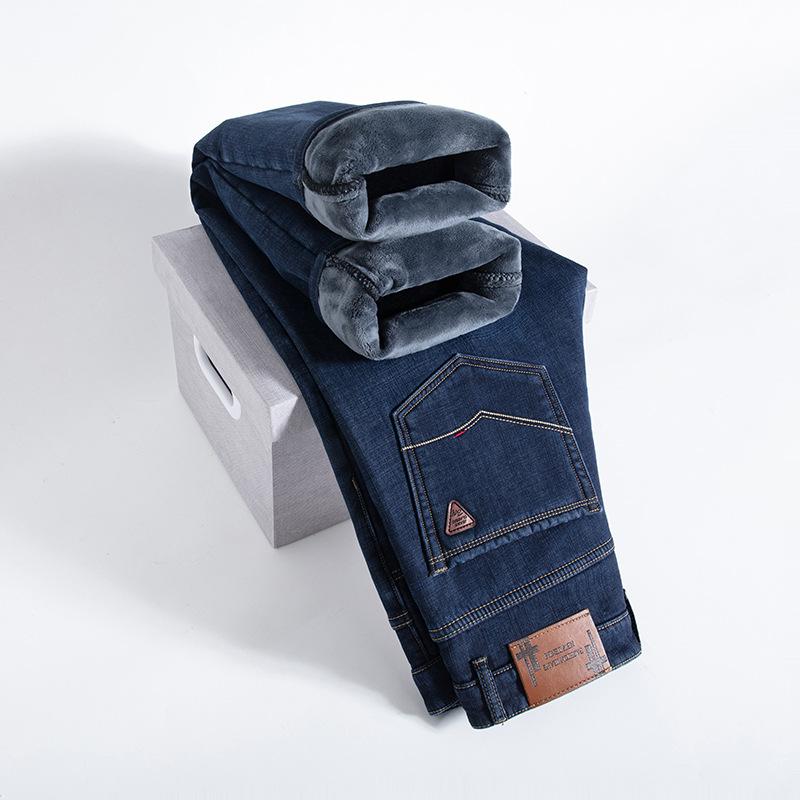 Весна и осень новые высококачественные плюшевые джинсы для мужчин прямые облегающие эластичные толстые повседневные брюки осенние и зимние мужские брюки