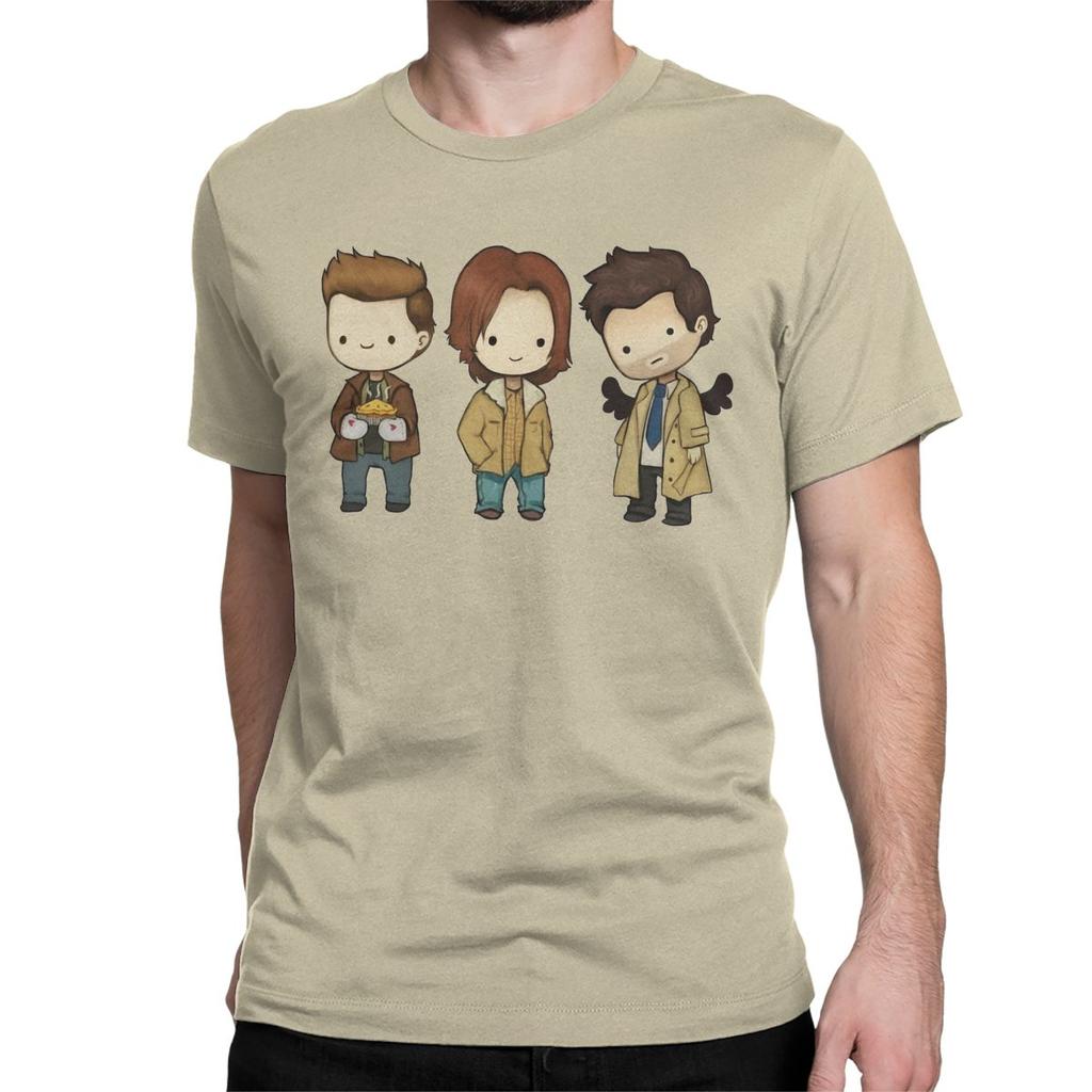 Мужская футболка Sam Dean Castiel Supernatural Chibi Футболка ТВ-шоу 100% Хлопок Одежда Футболка с круглым вырезом Новое поступление Футболка