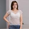 Women Lace Top Mesh Sheer Short Sleeve V Neck Undershirt with Padded Bra Floral Lace Tank Top Summer Casual Basic Shirt