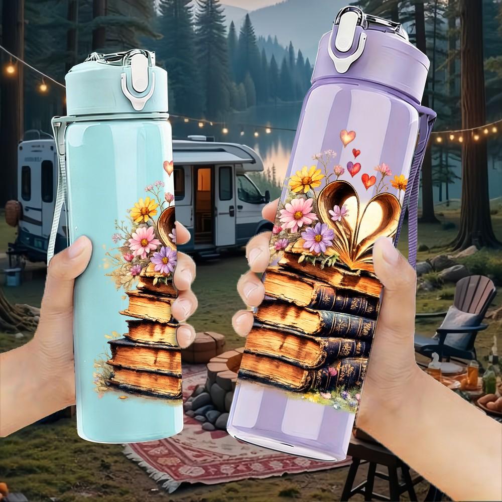 1PC Stack Book Flower Bouquet Print 750ml Color Plastic Sports Water Bottle Leakproof Flip Straw Lid Suitable for Sports Office Home Use