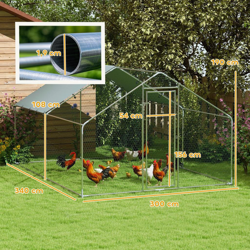 Chicken coop with UV-resistant waterproof fabric, safety lock, for 10-15 chickens, steel, 3 x 3.4 x 1.9 m, silver