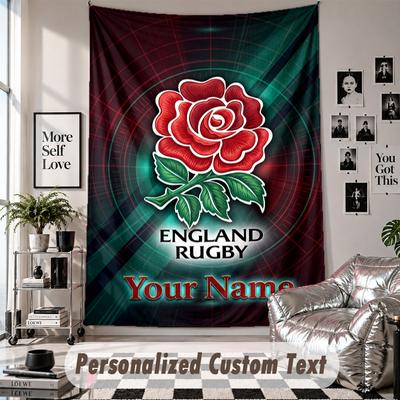 Wall Hanging Tapestry With Custom Name & Text, England Rugby Decorative Tapestry For Bedroom