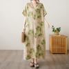 2025 Summer Plus Size Long Dress Basic Women Casual Loose Vintage Elegant Oversized V-Neck New Printing Dress