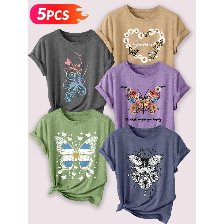 Go for a specific forest-themed, fresh floral and butterfly artistic aesthetic print Five-piece set of women's short-sleeve tops Elegant summer