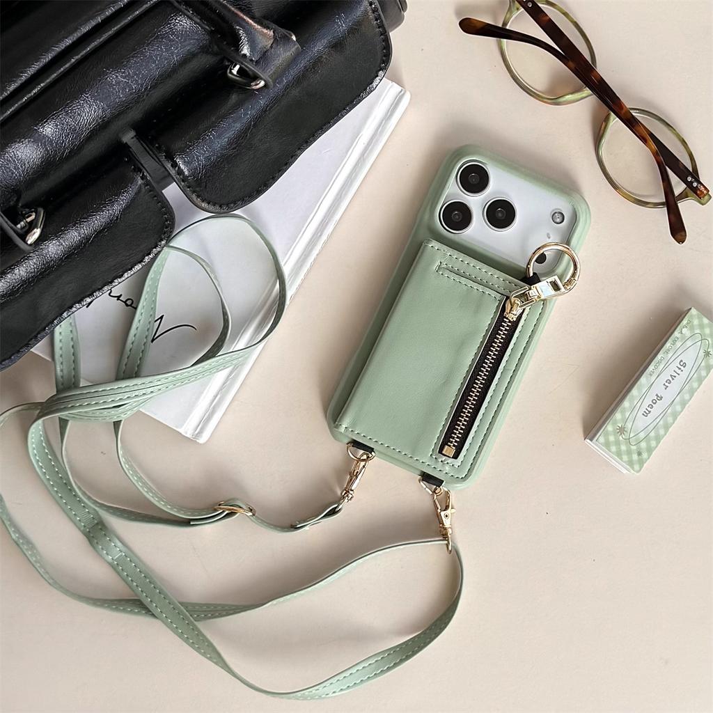 Crossbody Cards Solt Wallet Strap Leather Zipper Phone Case for IPhone Air 17 16 Pro Max 15 Plus 14 13 12 11 Ring Holder Cover